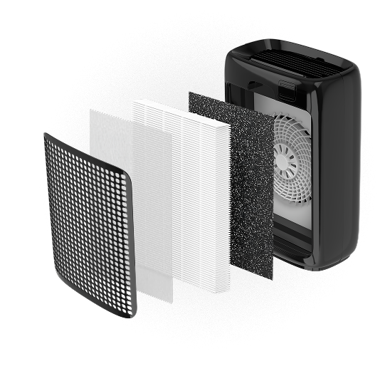 puroair 400 HEPA filter with activated carbon and pre-filter layers infographic
