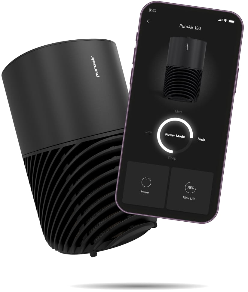 puroair 130i air purifier with smartphone displaying app interface
