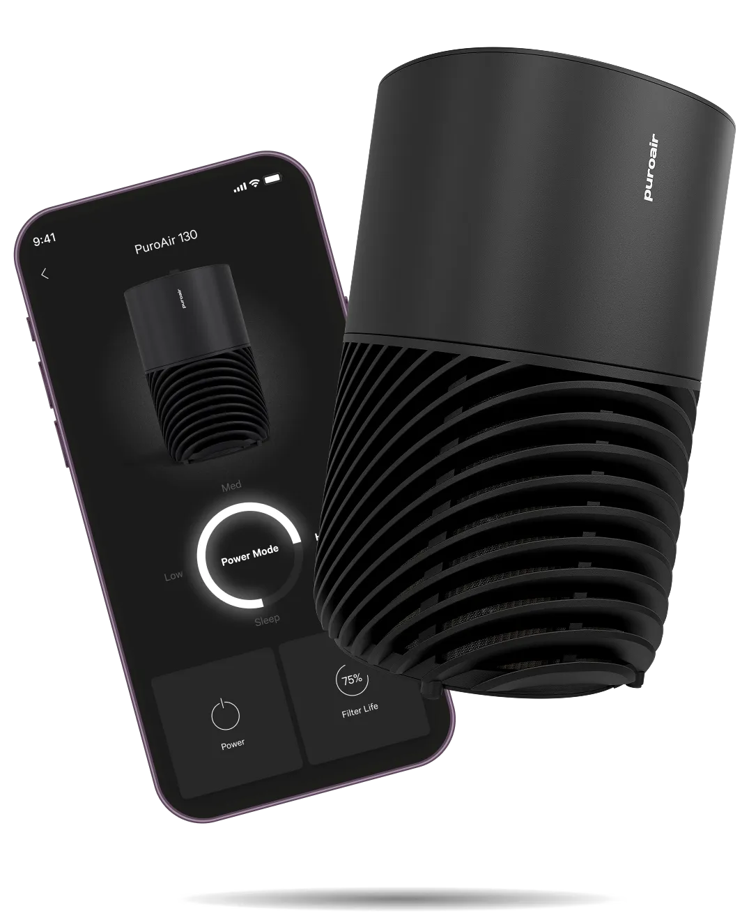 PuroAir 130i air purifier with smartphone displaying app interface
