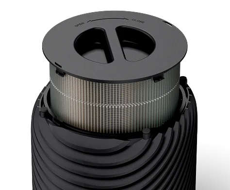 PuroAir 130i air purifier and filter with black top and pleated design