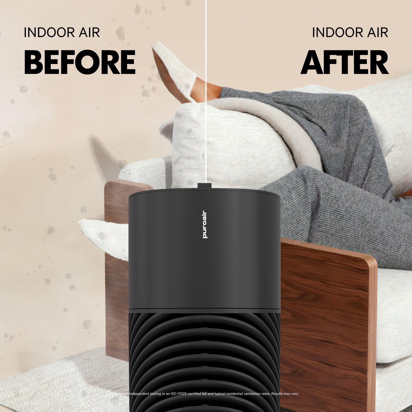 PuroAir 130i air purifier with Before and After comparison of indoor air quality