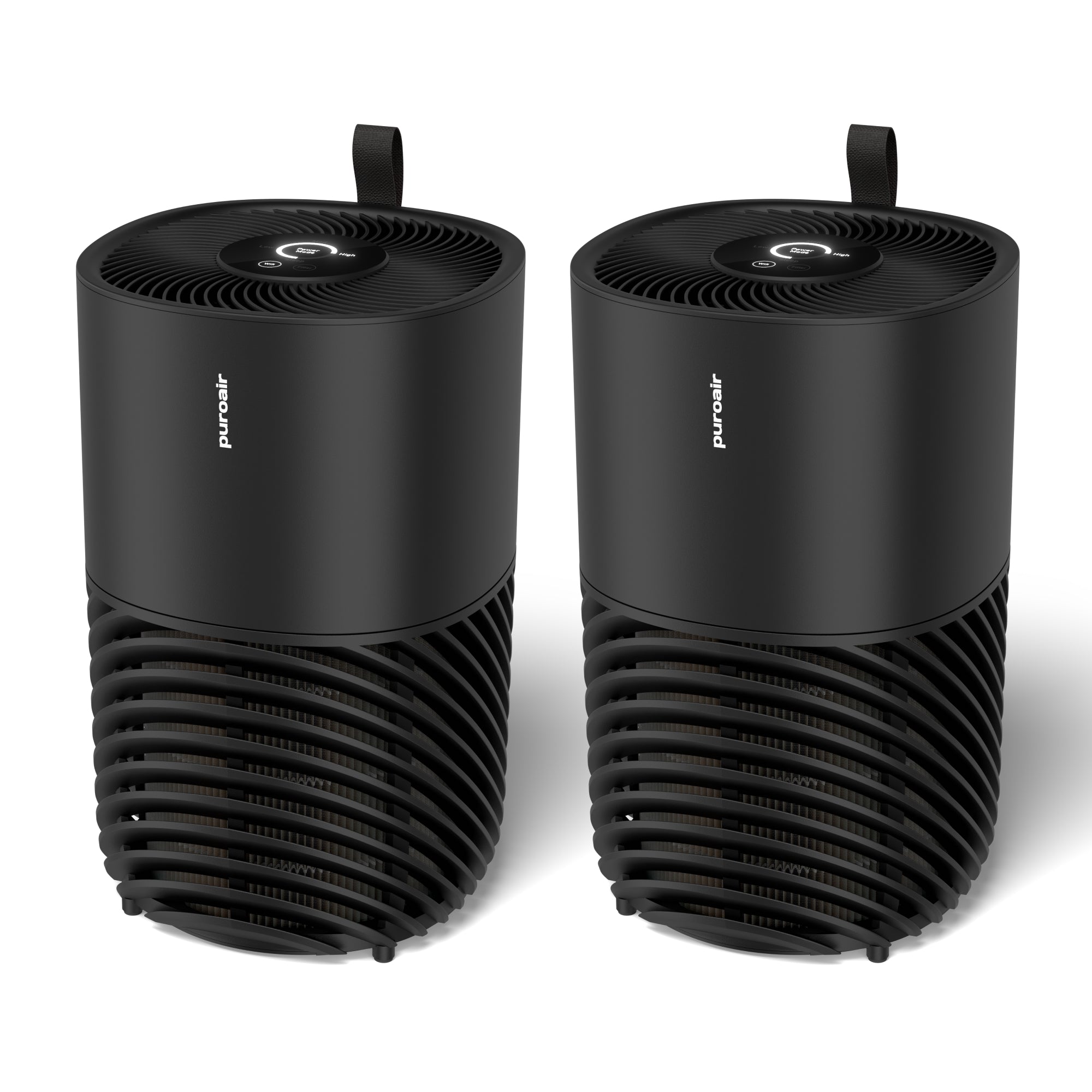 Two PuroAir air purifiers on white background