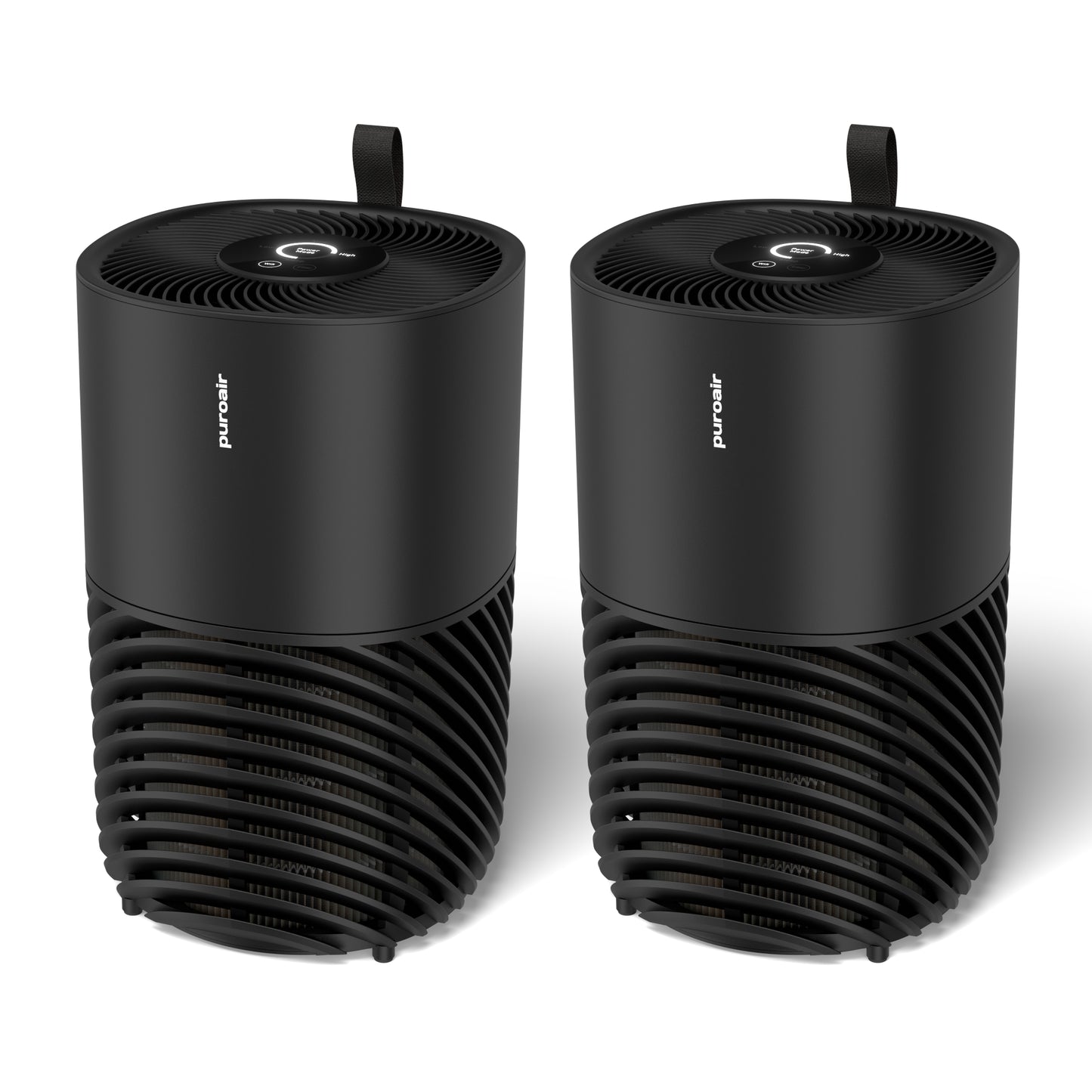 Two PuroAir air purifiers on white background