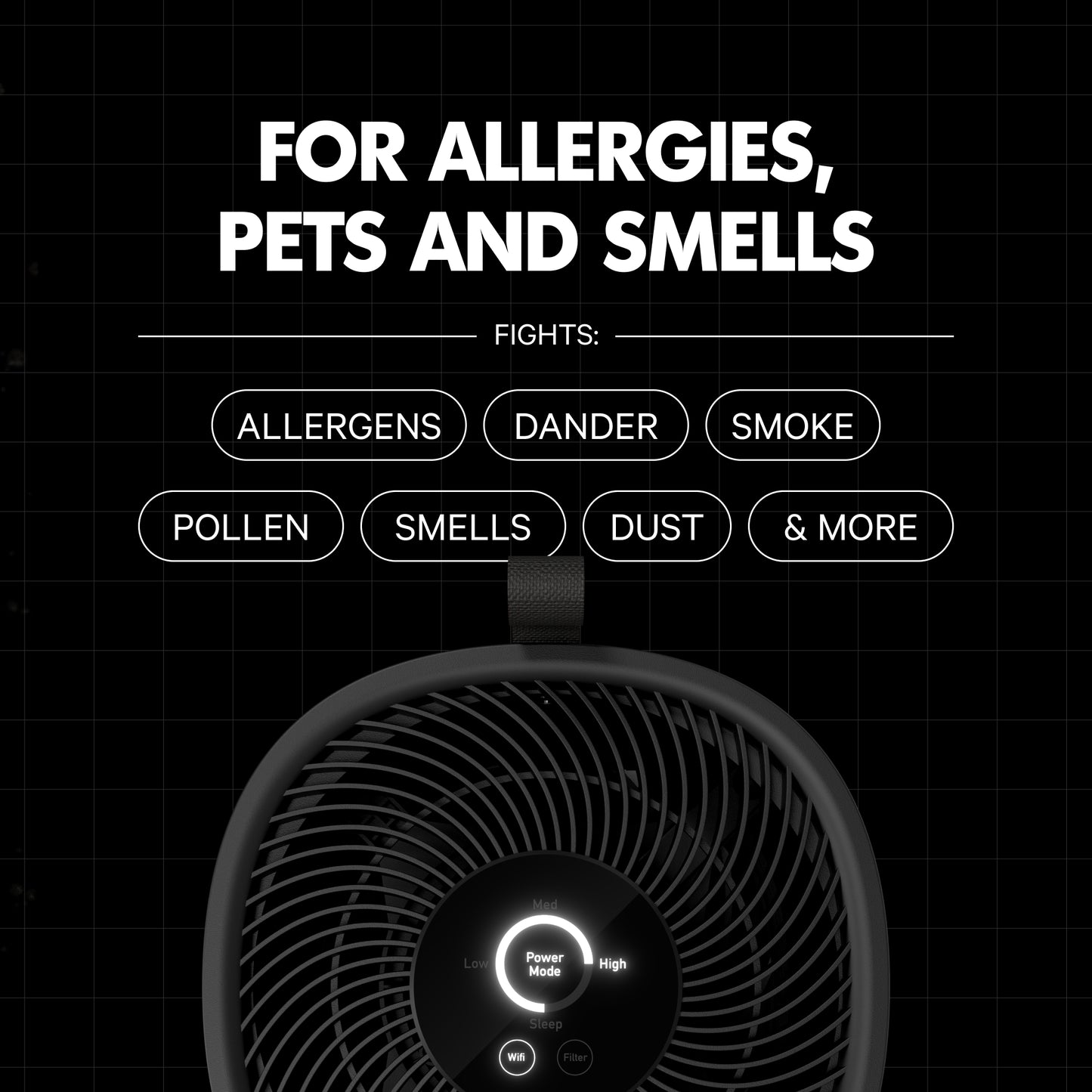PuroAir 130i air purifier with text highlighting its features on a black background