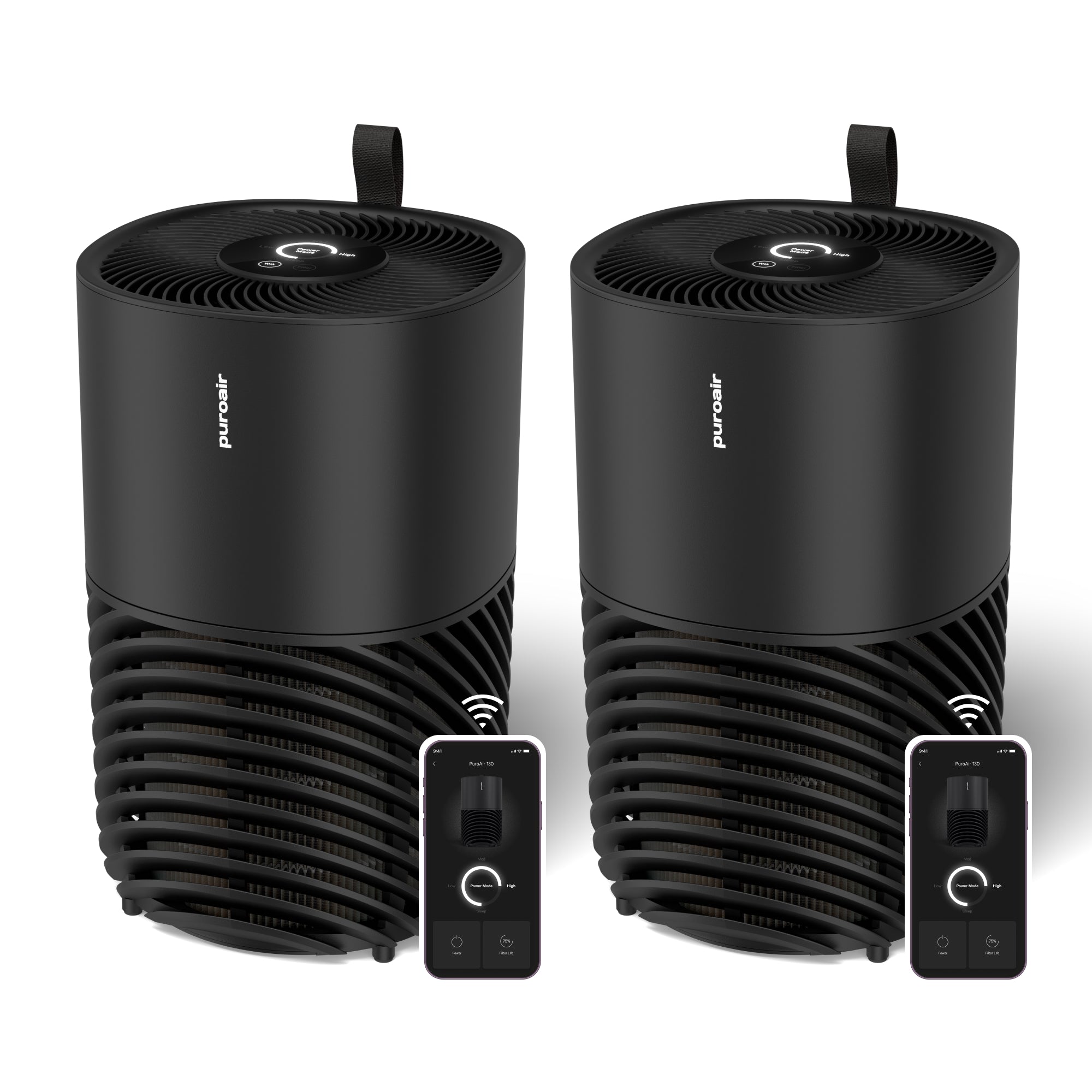 Two PuroAir 130i smart air purifiers with mobile phones displaying app interface