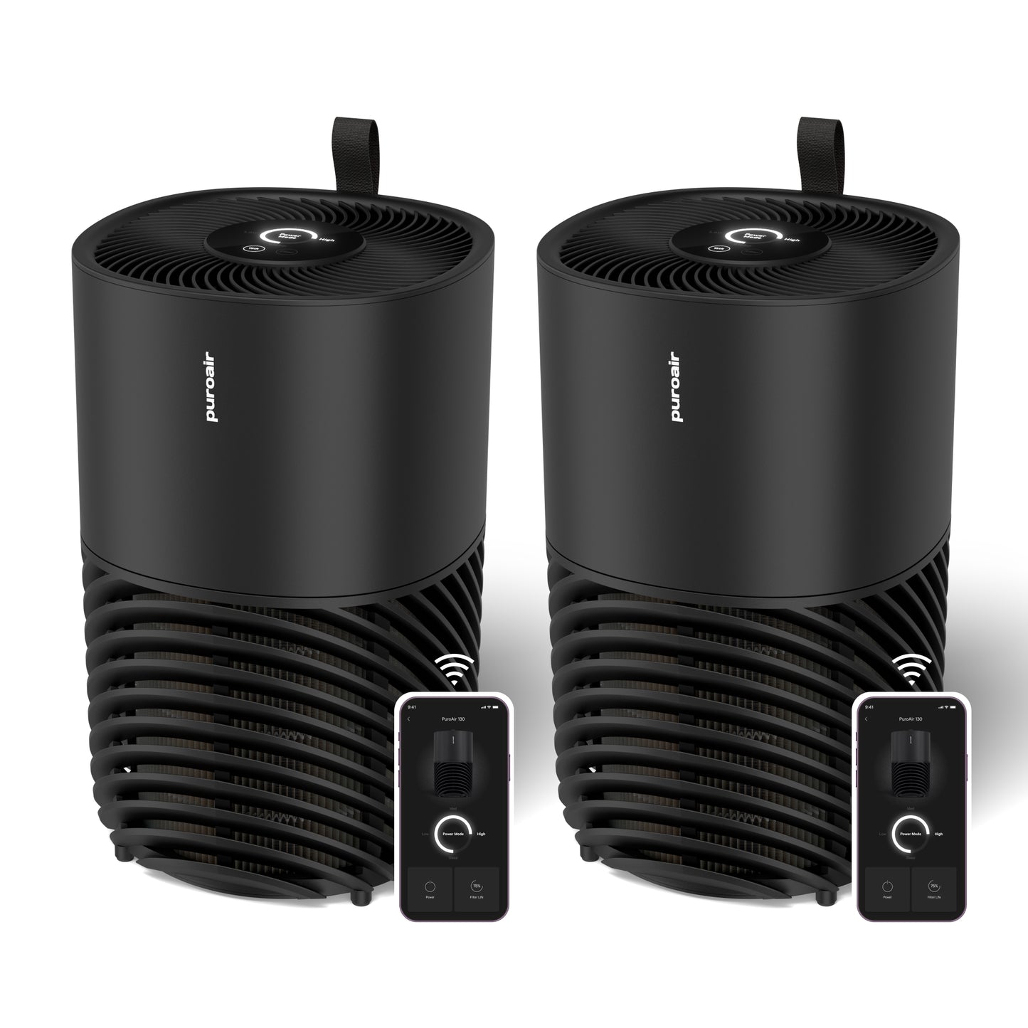 Two PuroAir 130i smart air purifiers with mobile phones displaying app interface