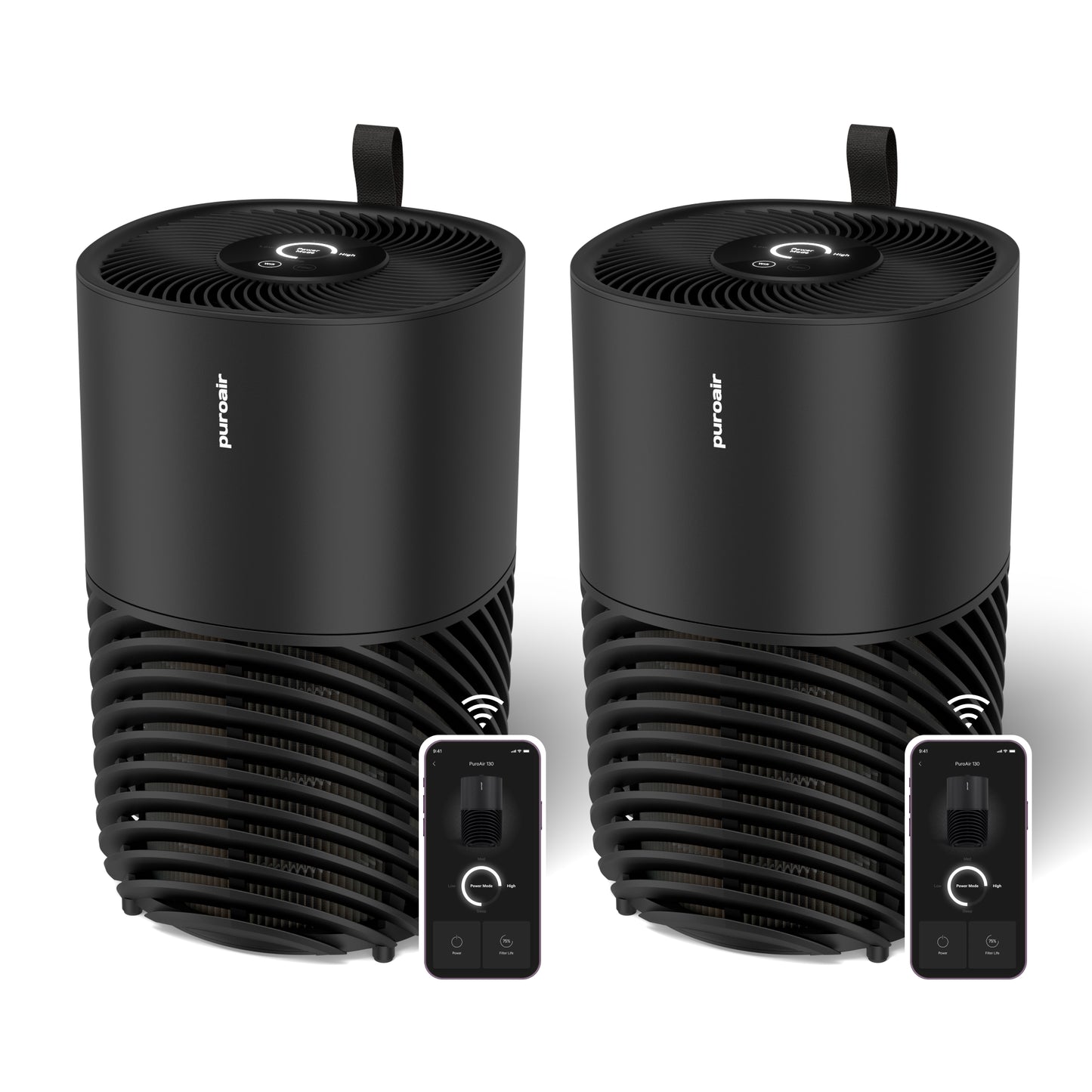 Two PuroAir 130i air purifiers with smartphone controls