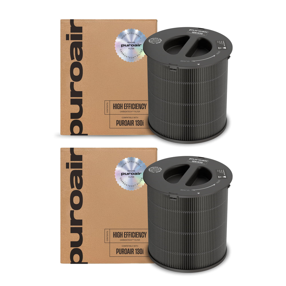 Two black 130i high-efficiency filters with 'Puroair' branding on cardboard boxes