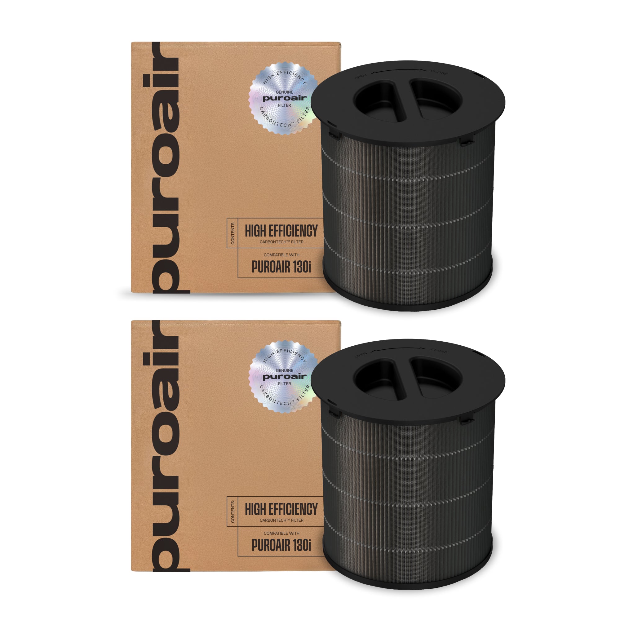 Two black 130i high-efficiency filters with 'Puroair' branding on cardboard boxes
