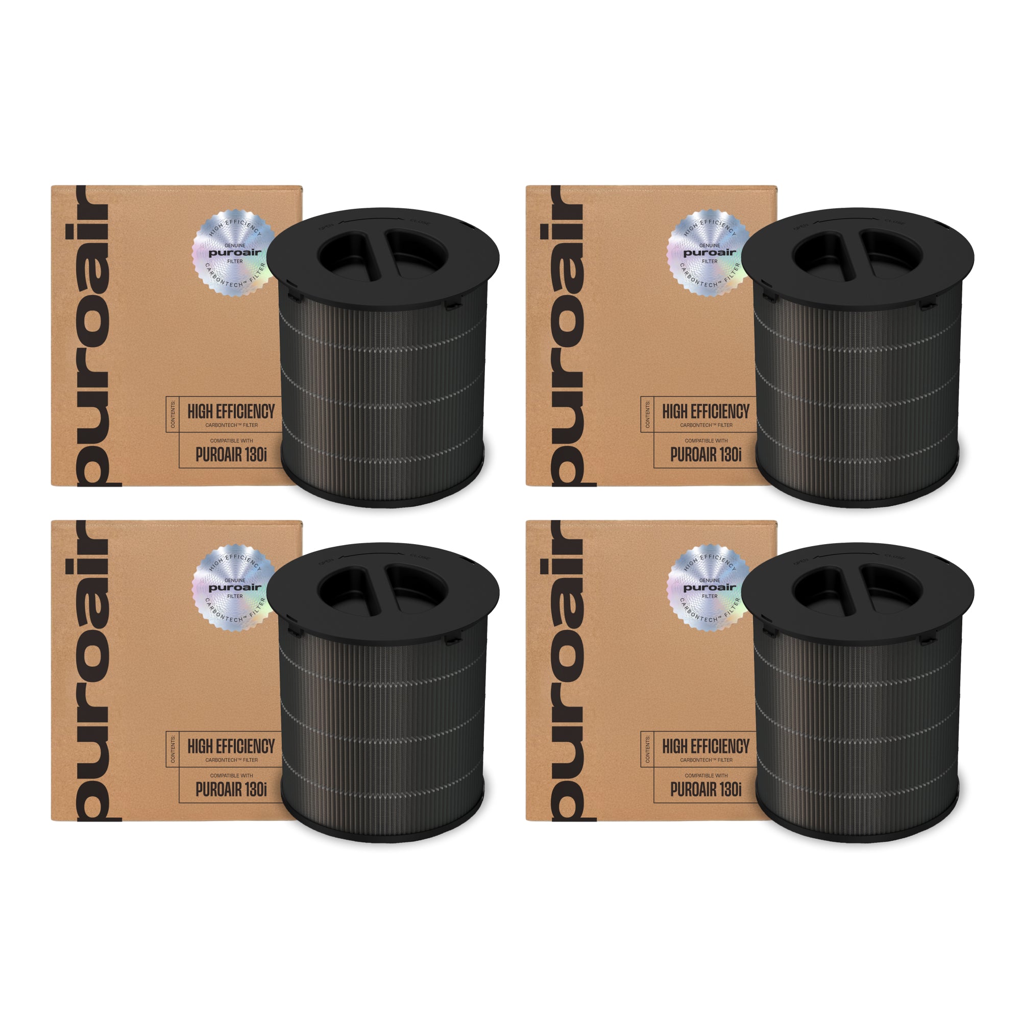 Four black 130i high-efficiency filters with 'Puroair' branding on cardboard boxes