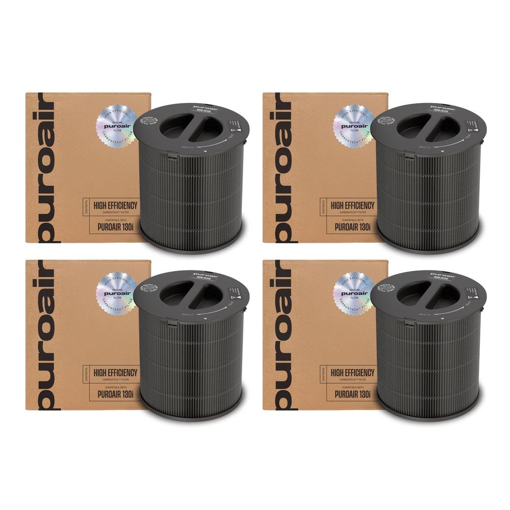 Four black 130i high-efficiency filters with 'Puroair' branding on cardboard boxes