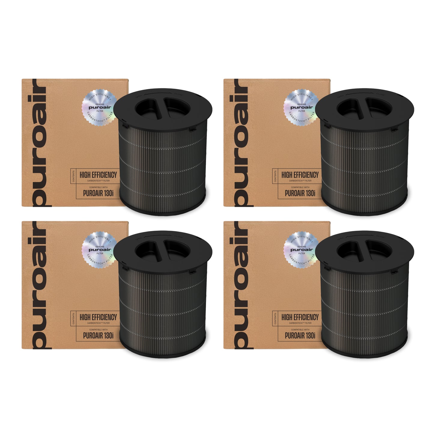 Four black 130i high-efficiency filters with 'Puroair' branding on cardboard boxes