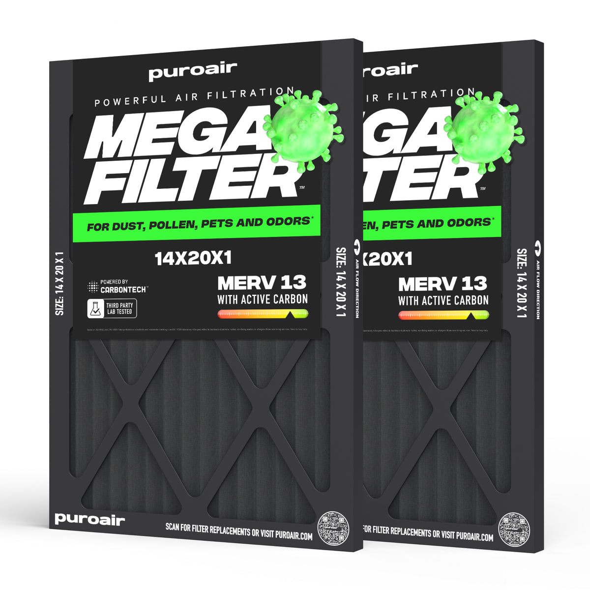 PuroAir HVAC Mega Filter MERV 13 Pleated Plus Activated Carbon Air Filter