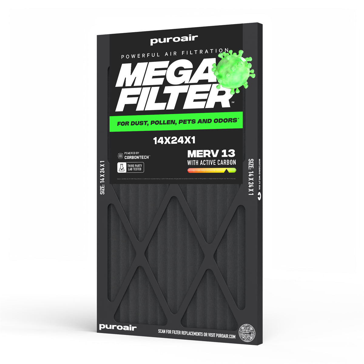 PuroAir HVAC Mega Filter MERV 13 Pleated Plus Activated Carbon Air Filter