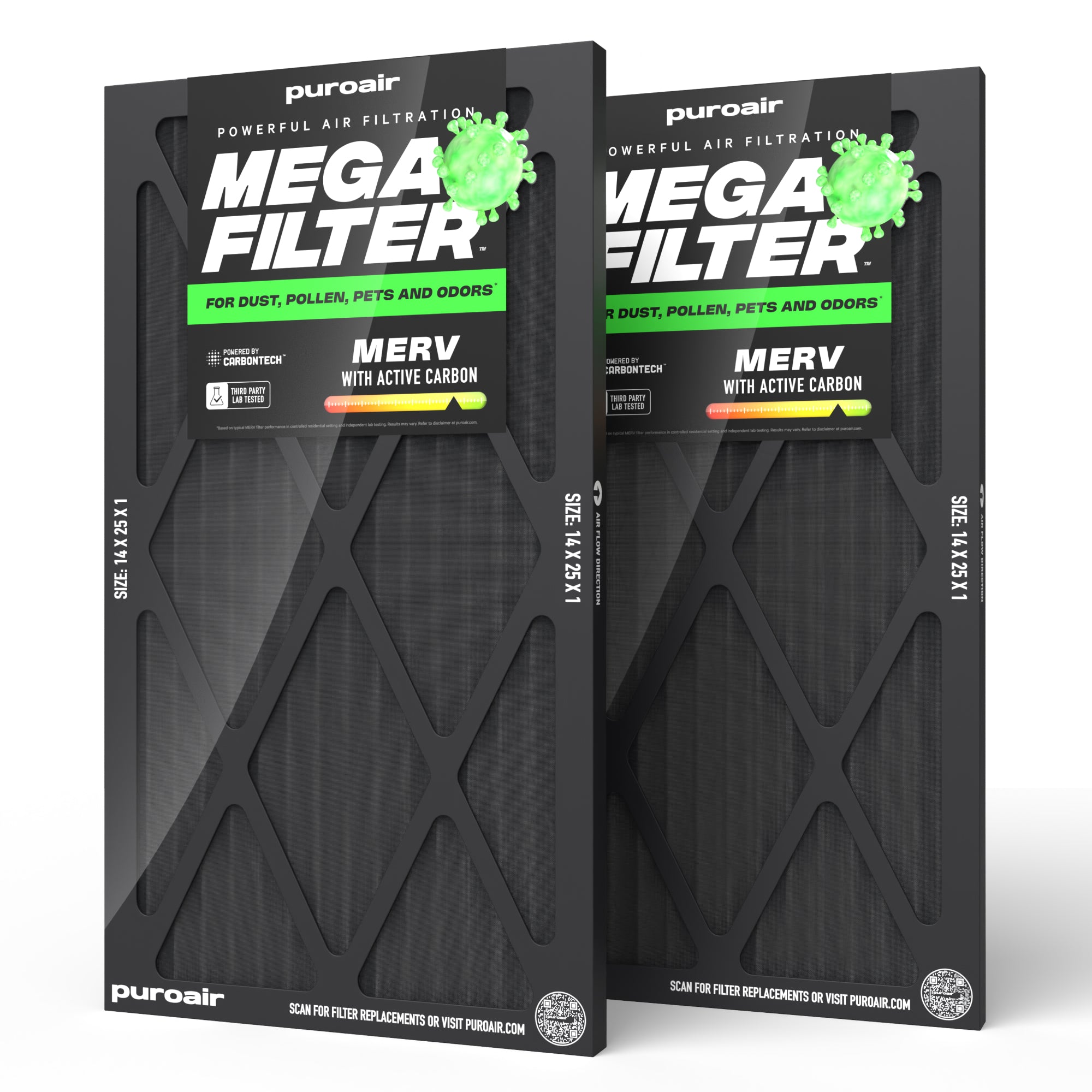 Two 14 x 25 x 1 PuroAir Mega Filters on white background