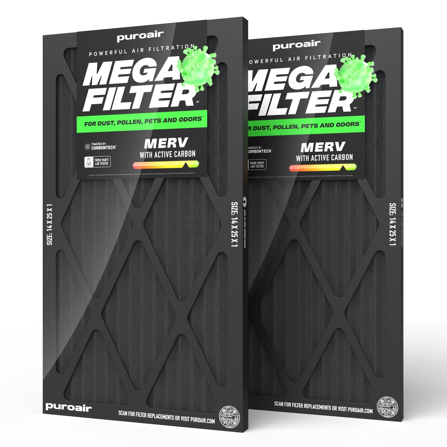 Two 14 x 25 x 1 PuroAir Mega Filters on white background