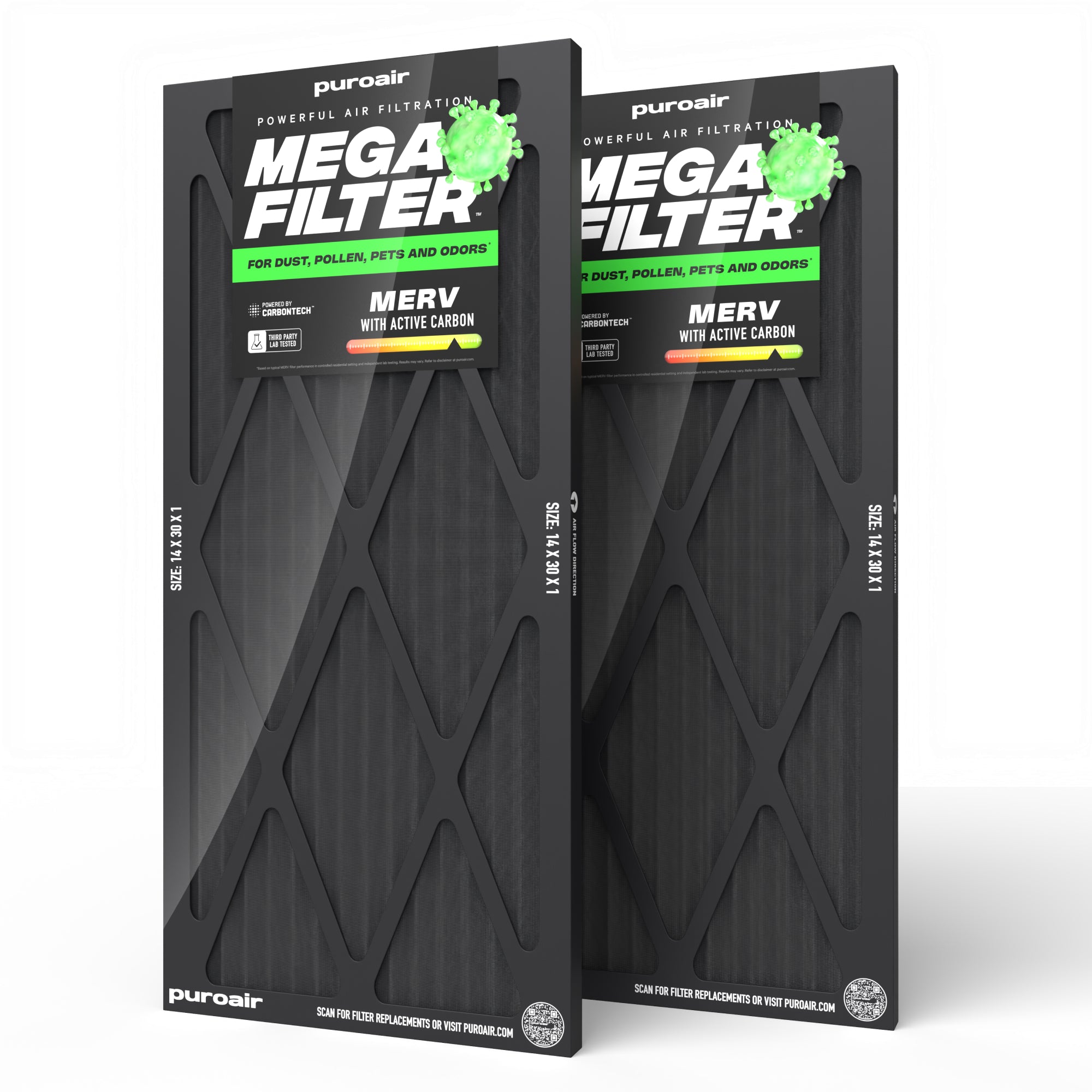 Two 14 x 30 x 1 PuroAir Mega Filters on white background