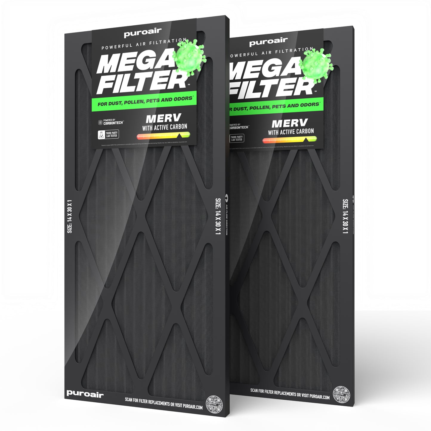 Two 14 x 30 x 1 PuroAir Mega Filters on white background