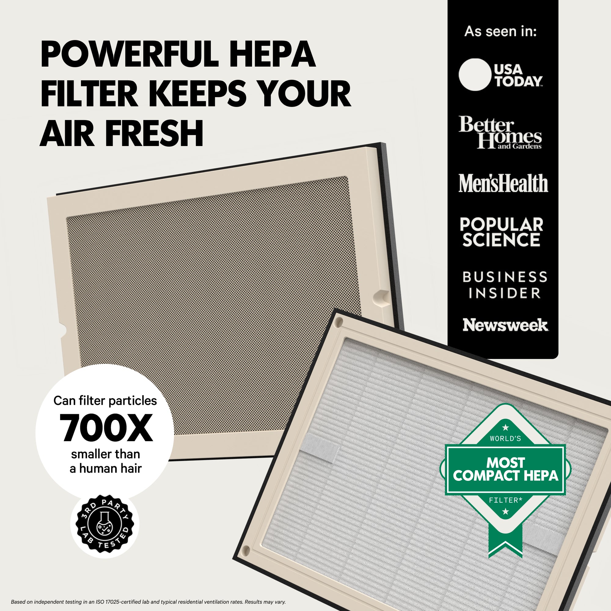 Two air filters with text highlighting their features
