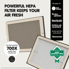 Two air filters with text highlighting their features