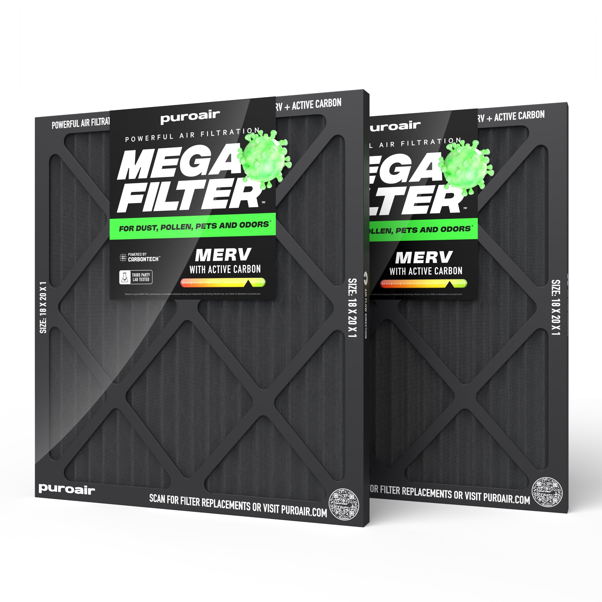 Two 18 x 20 x 1 PuroAir Mega Filters on white background