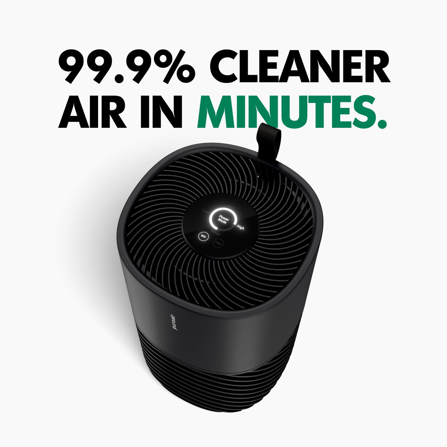 PuroAir 130i air purifier with text 99.9% Cleaner Air in Minutes on white background