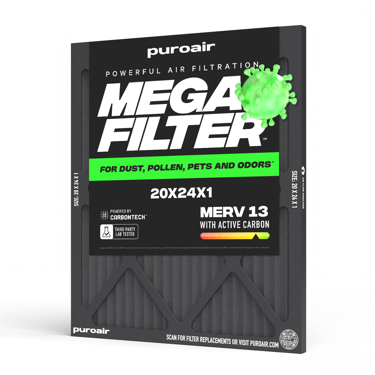 PuroAir HVAC Mega Filter MERV 13 Pleated Plus Activated Carbon Air Filter