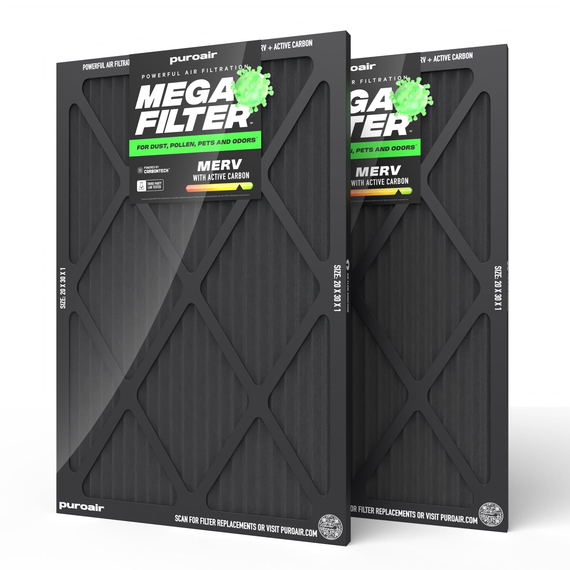Two 20 x 30 x 1 PuroAir Mega Filters on white background