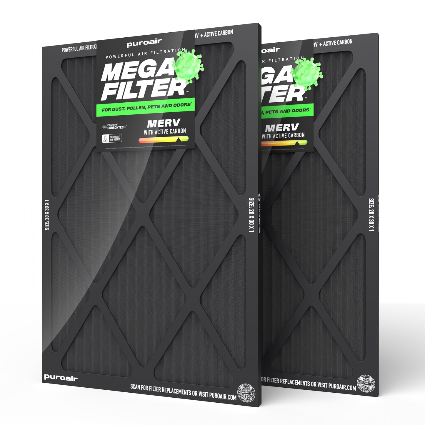 Two 20 x 30 x 1 PuroAir Mega Filters on white background