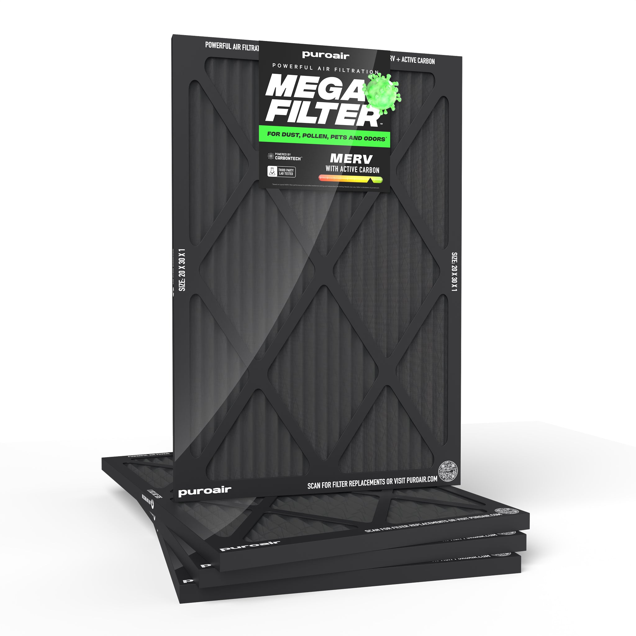 Four 20 x 30 x 1 PuroAir Mega Filters on white background