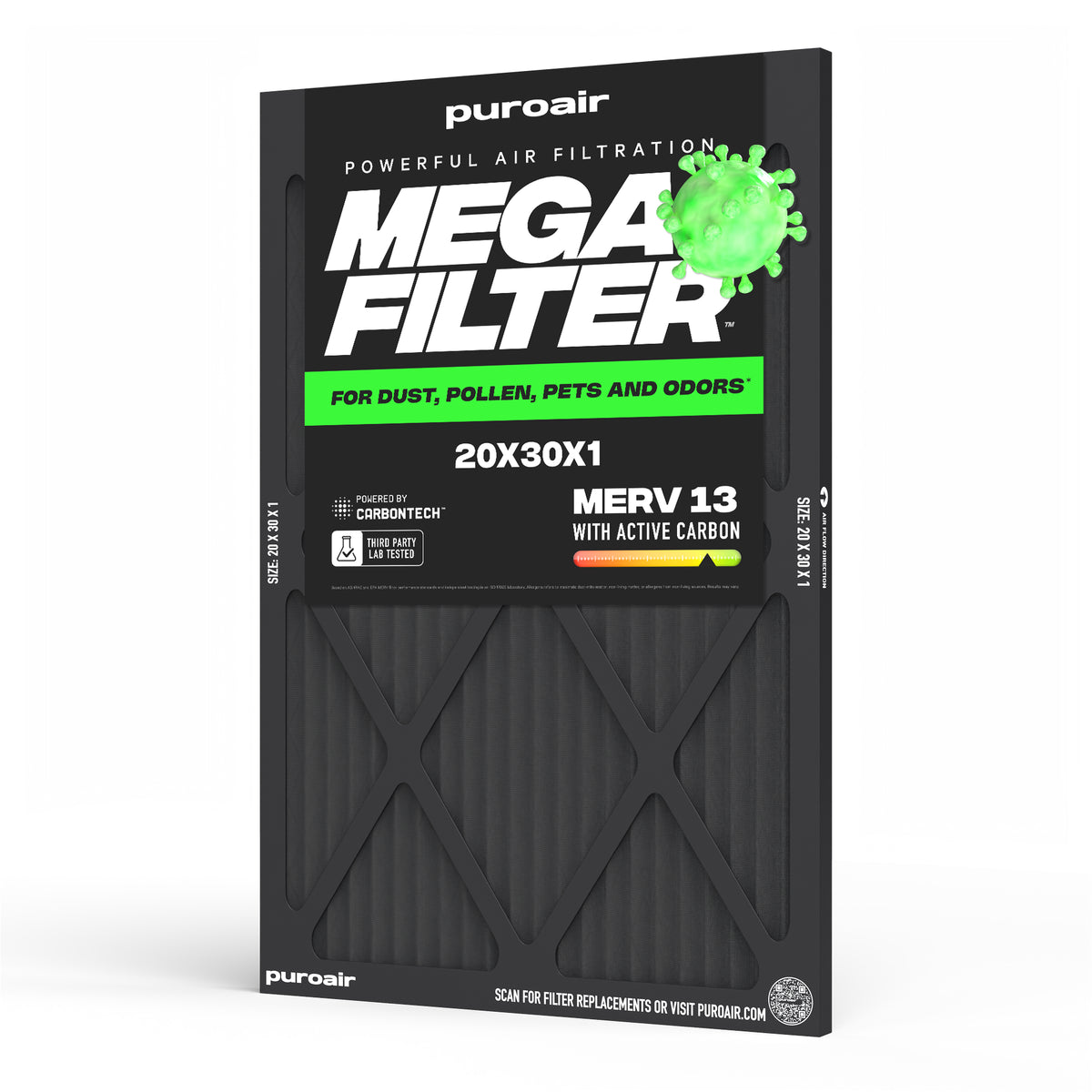 PuroAir HVAC Mega Filter MERV 13 Pleated Plus Activated Carbon Air Filter