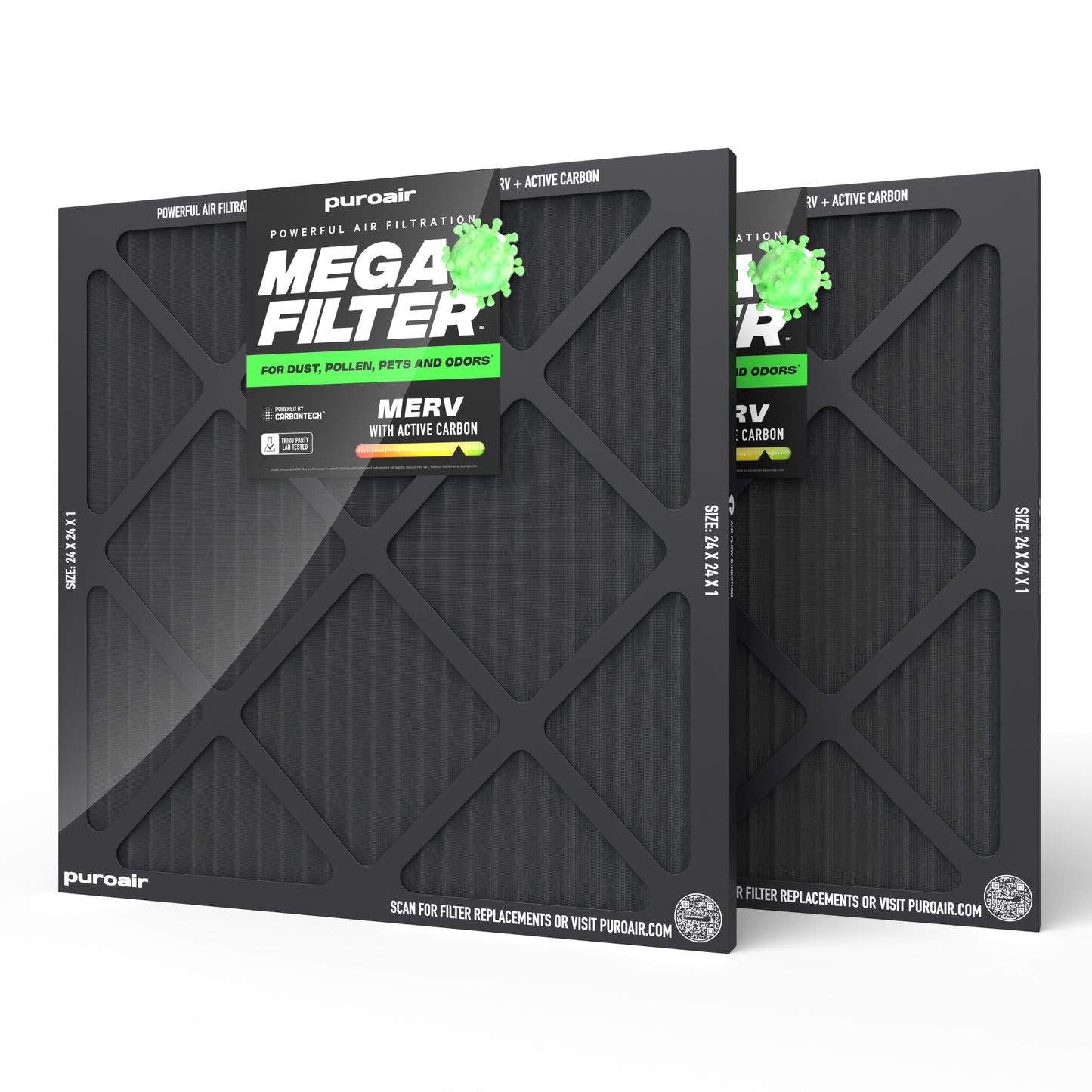 Two 24 x 24 x 1 PuroAir Mega Filters on white background
