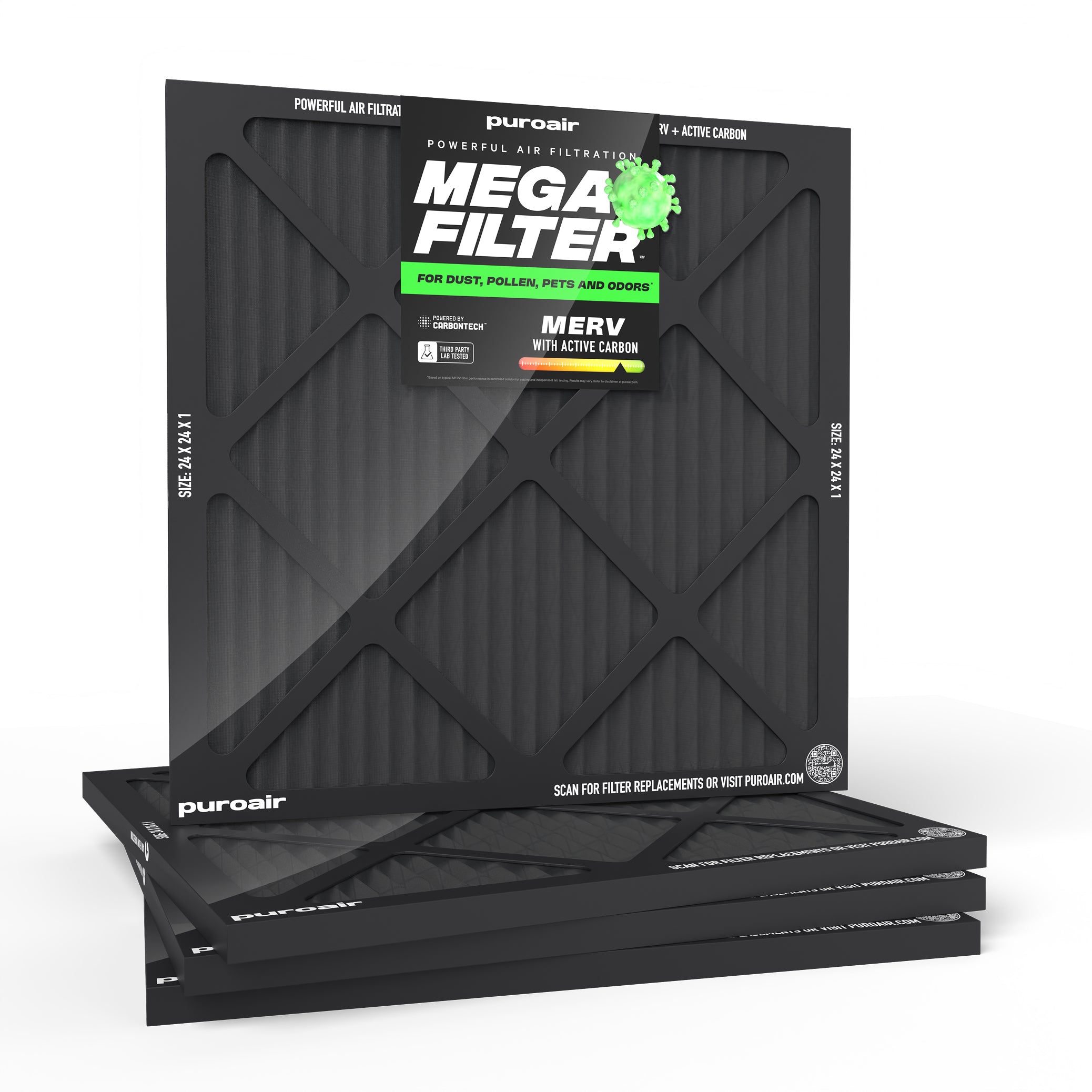 Four 24 x 24 x 1 PuroAir Mega Filters on white background
