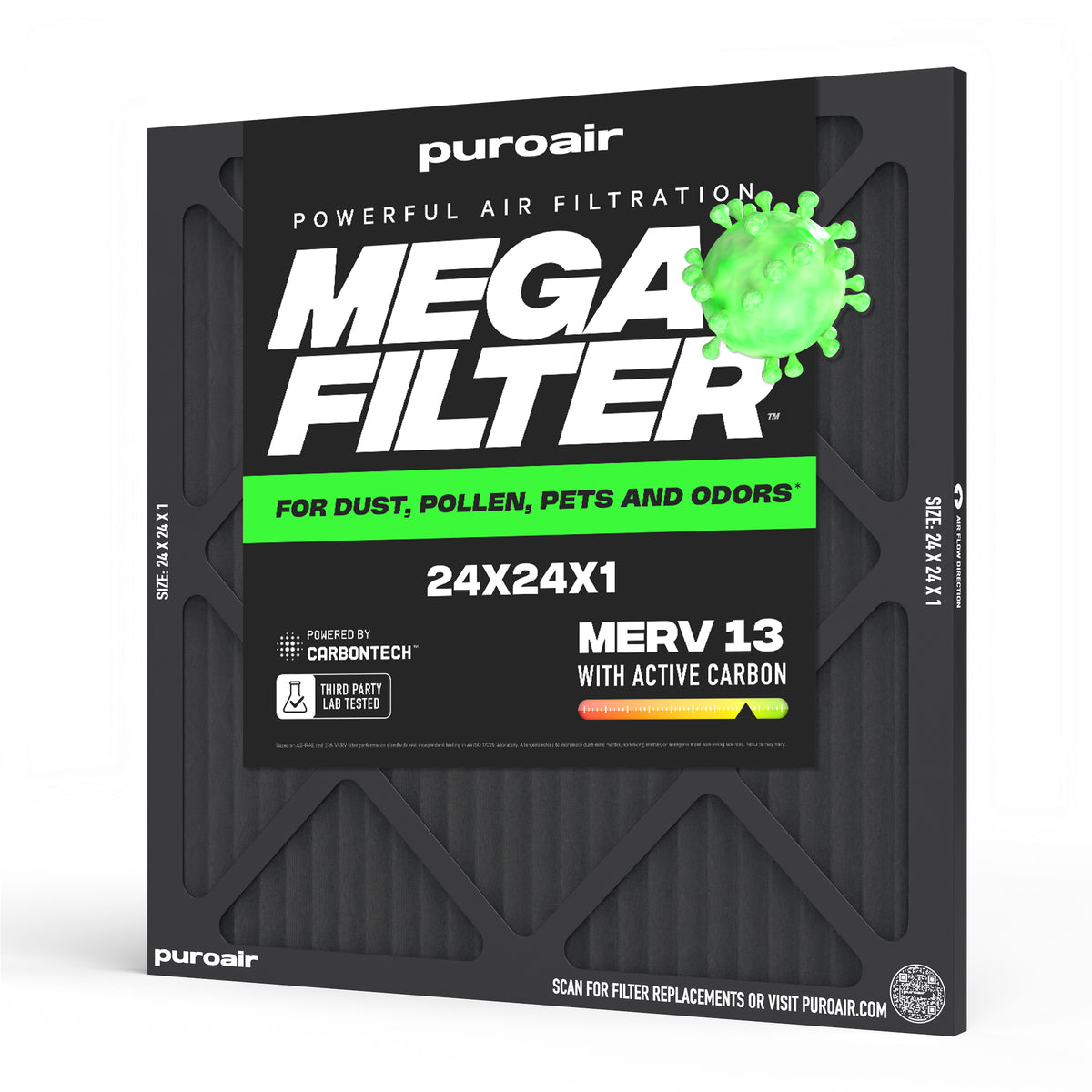 PuroAir HVAC Mega Filter MERV 13 Pleated Plus Activated Carbon Air Filter