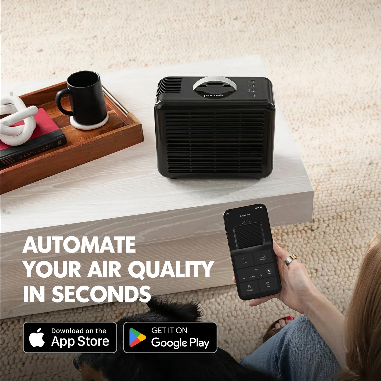 PuroAir 100i air purifier on table with smartphone app interface