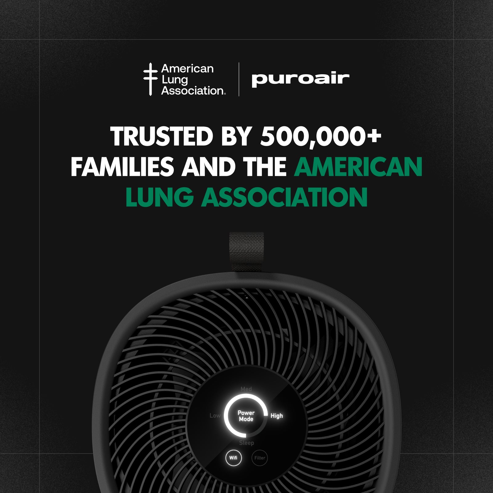 Puroair air purifier with American Lung Association logo on black background