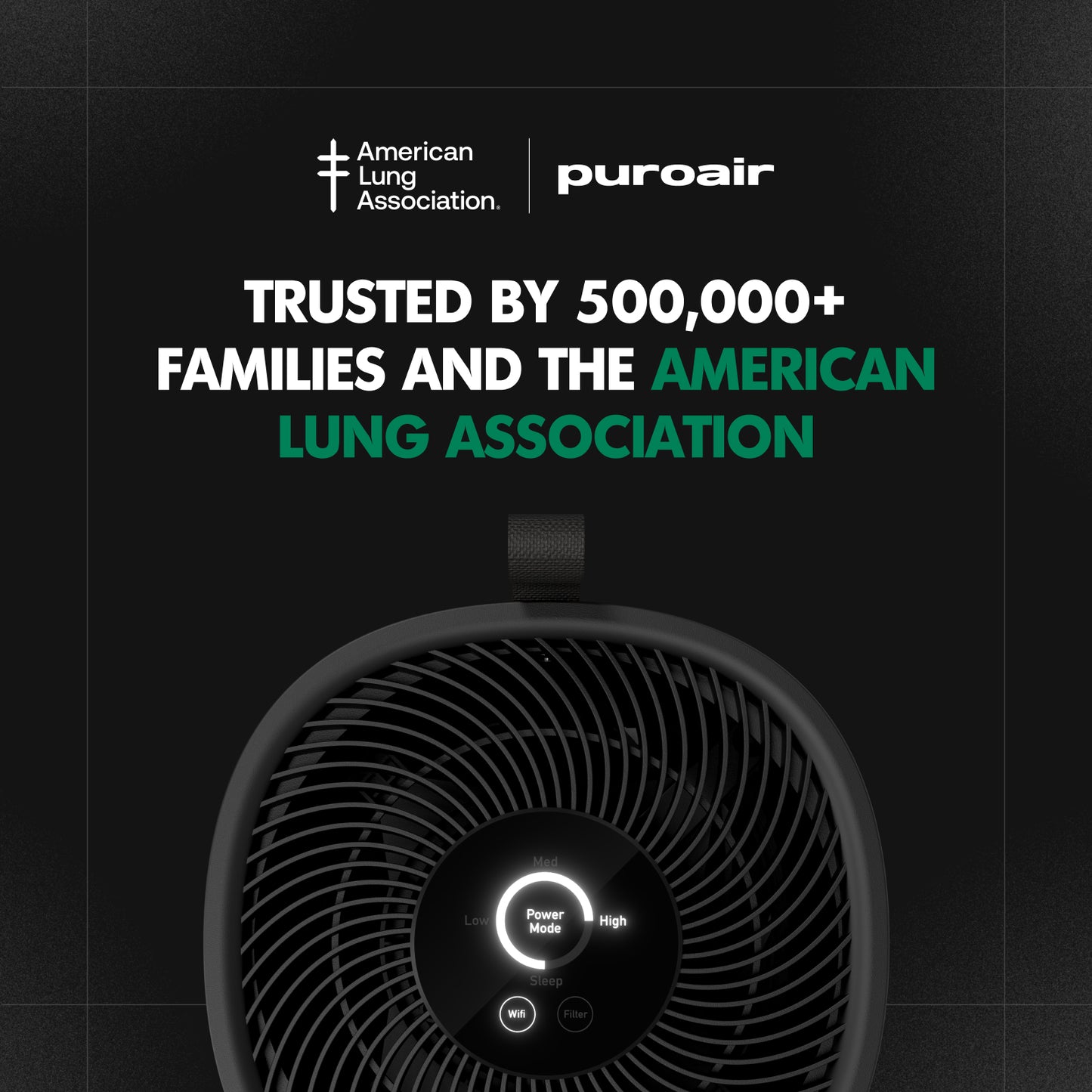 Puroair air purifier with American Lung Association logo on black background