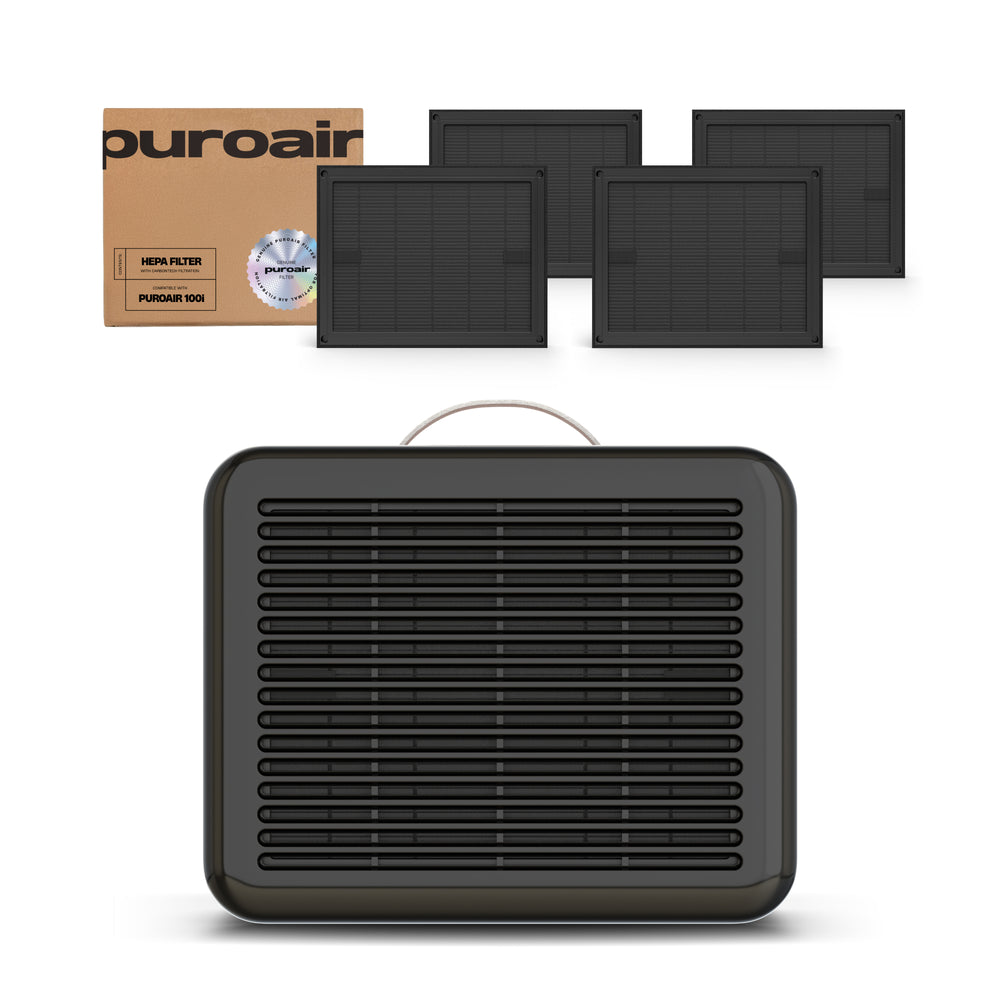 PuroAir 100i air purifier with four filters and packaging