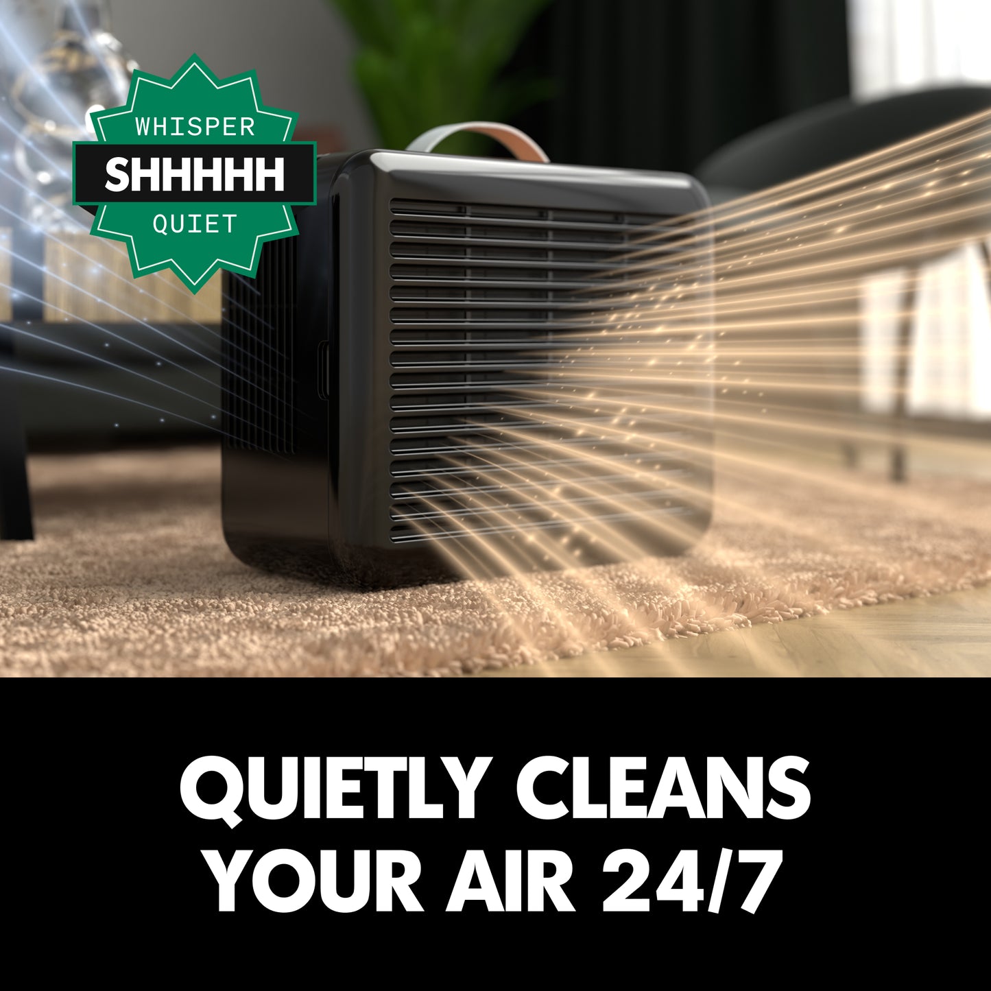 PuroAir 100i air purifier on a carpet with Whisper Shhhh Quiet text
