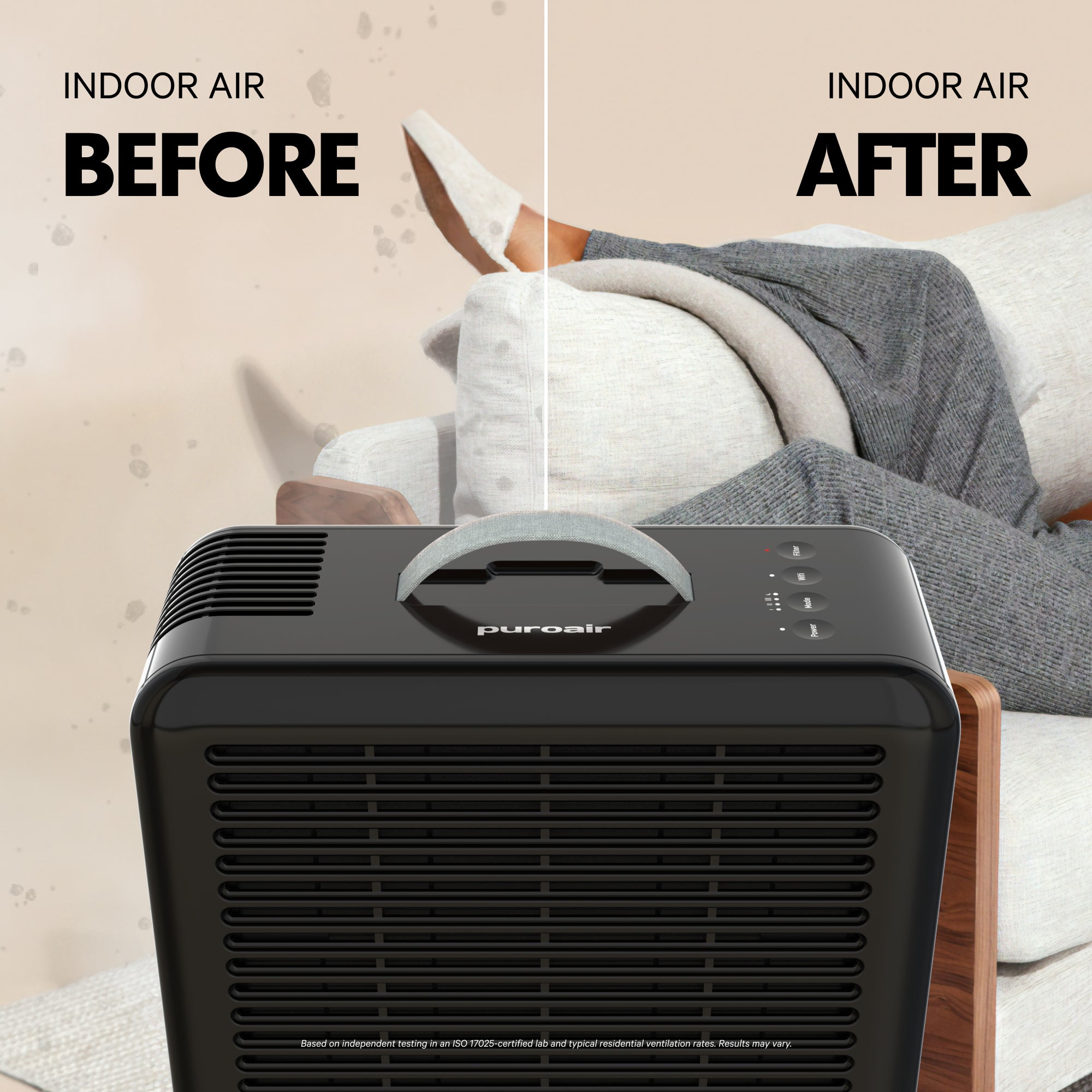 PuroAir 100i air purifier with Before and After comparison
