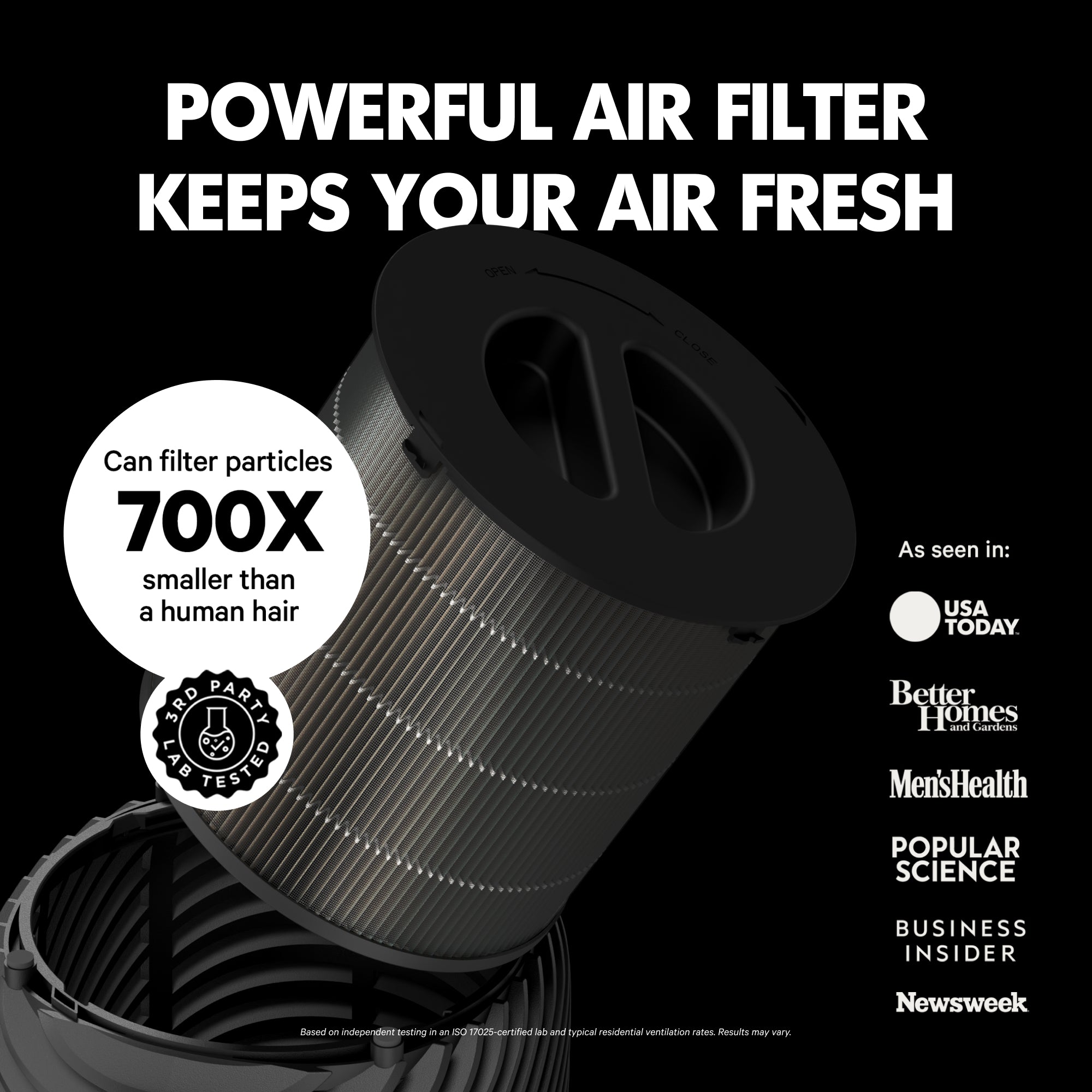 PuroAir air filter with text highlighting its effectiveness and credibility on a black background