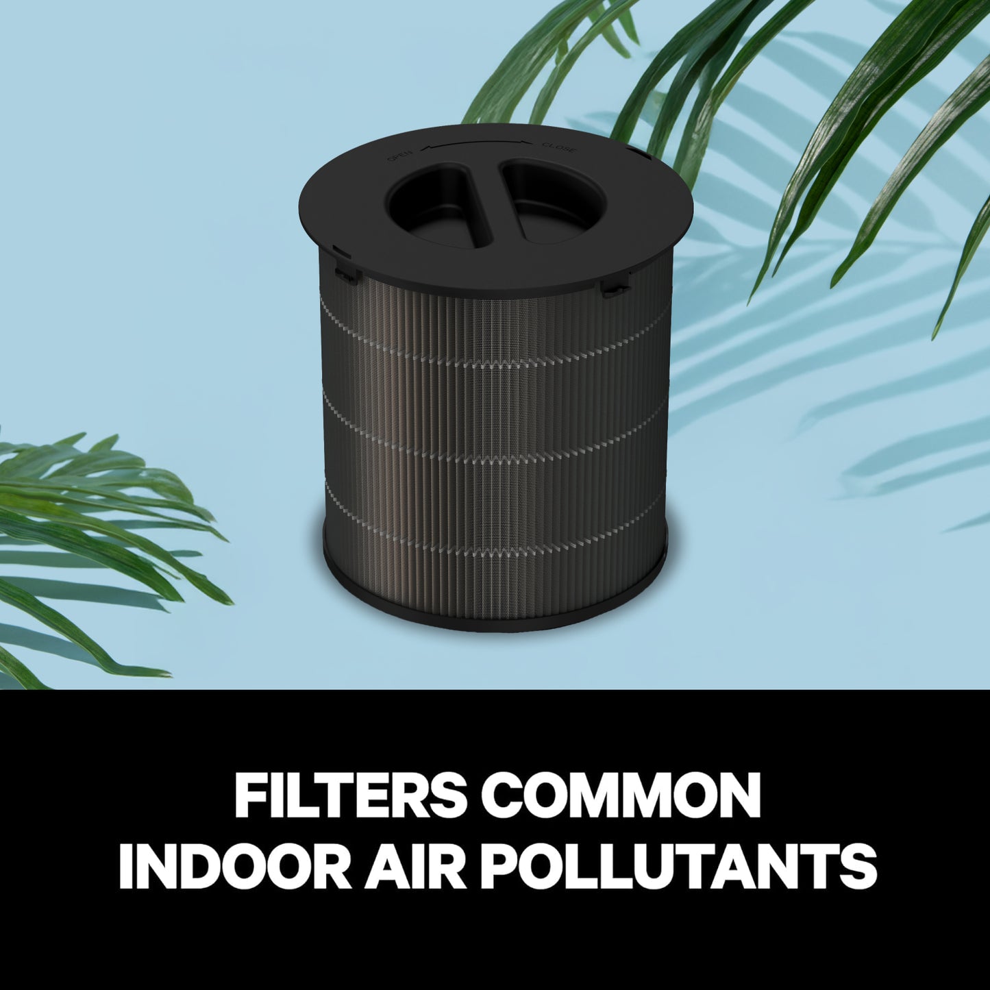 PuroAir 130i air filter with text 'Filters common indoor air pollutants' on a blue background with green leaves