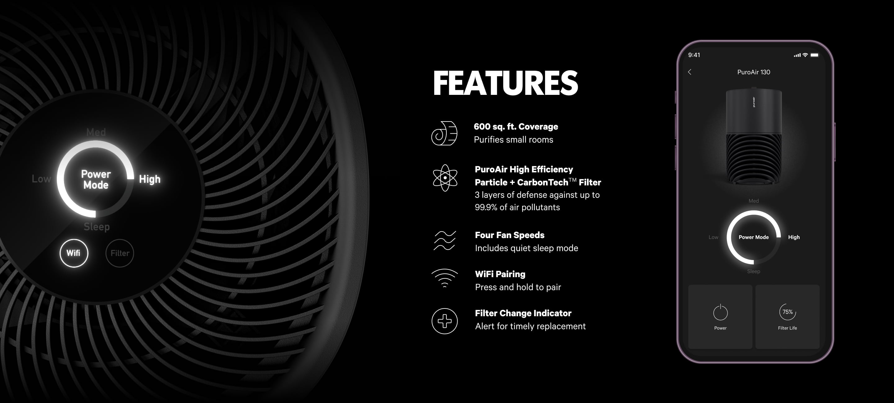 PuroAir air purifier with control panel and smartphone app interface on a black background