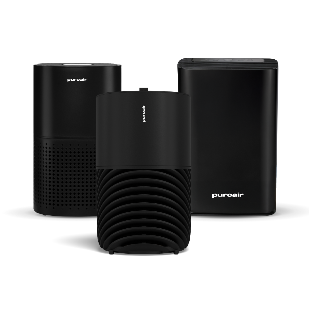 PuroAir 130i, 240, 400 air purifiers on white background