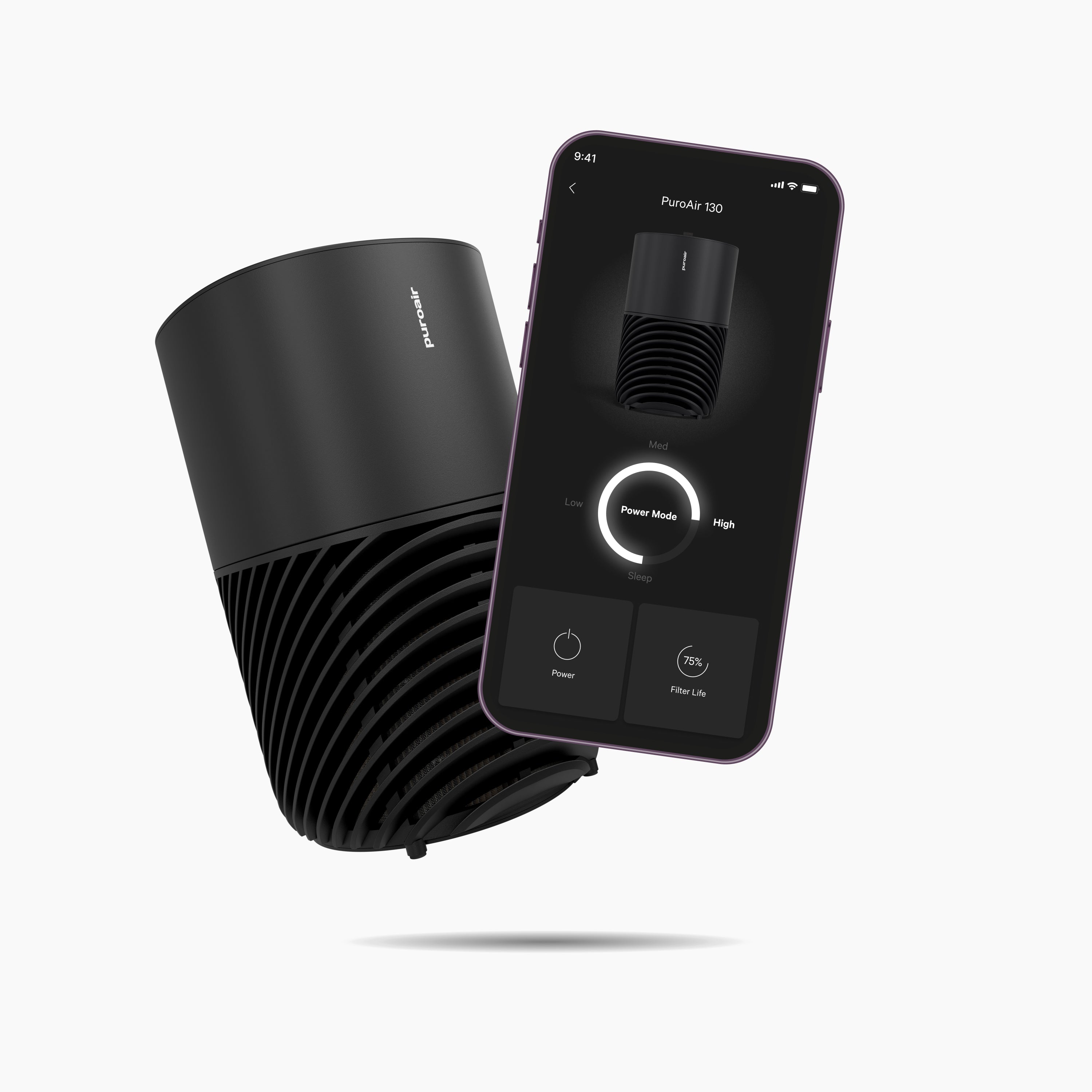 PuroAir 130i smart air purifier with mobile phone displaying app interface
