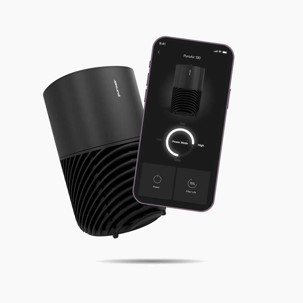 PuroAir 130i smart air purifier with mobile phone displaying app interface