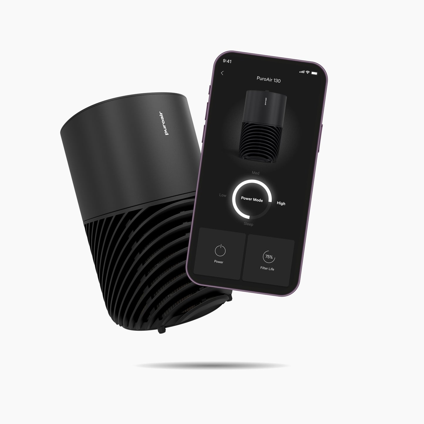 PuroAir 130i smart air purifier with mobile phone displaying app interface