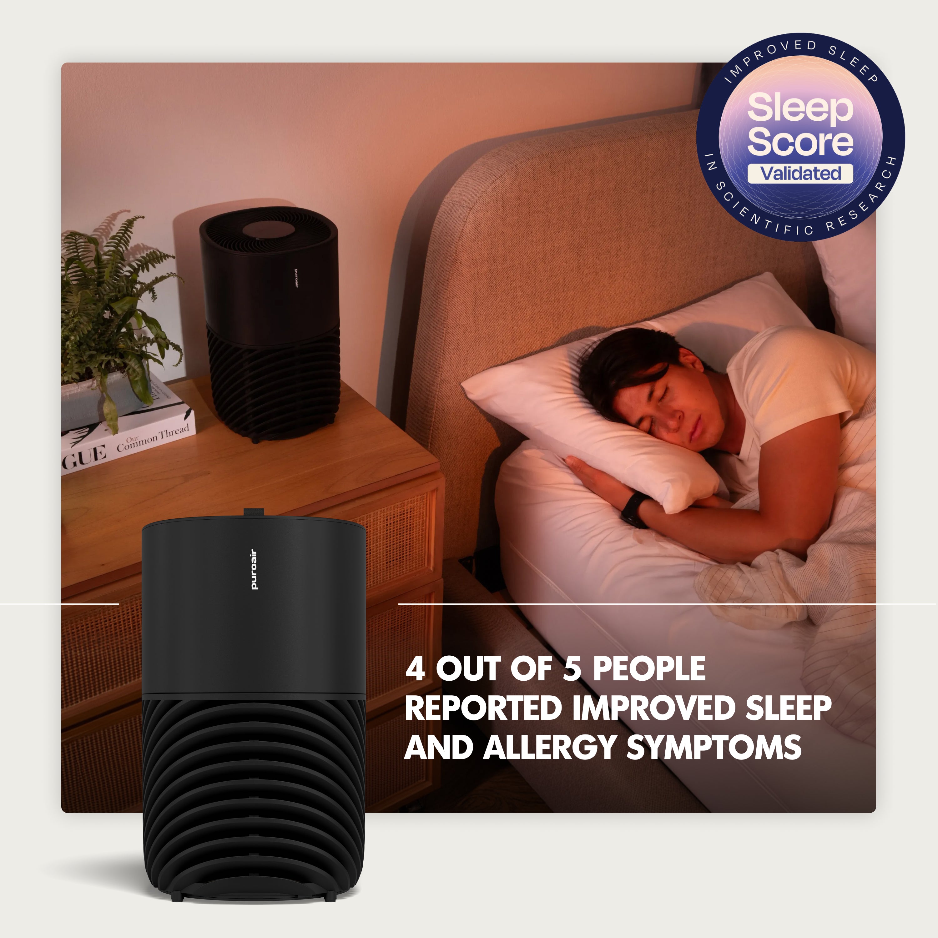 PuroAir 130i air purifier on nightstand next to person sleeping with Sleep Score Validated badge