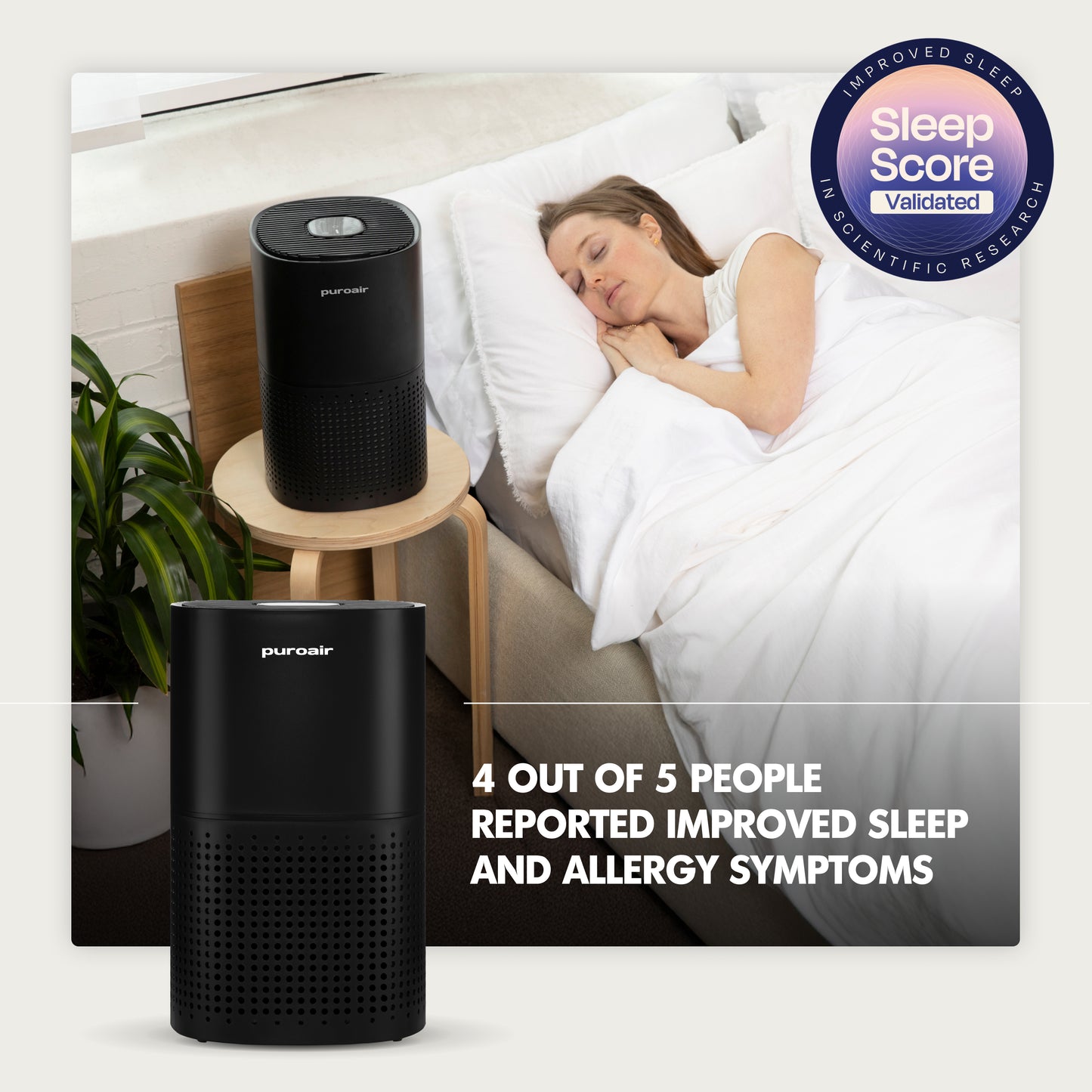 PuroAir 240 air purifier with person sleeping in bed and Sleep Score Validated badge