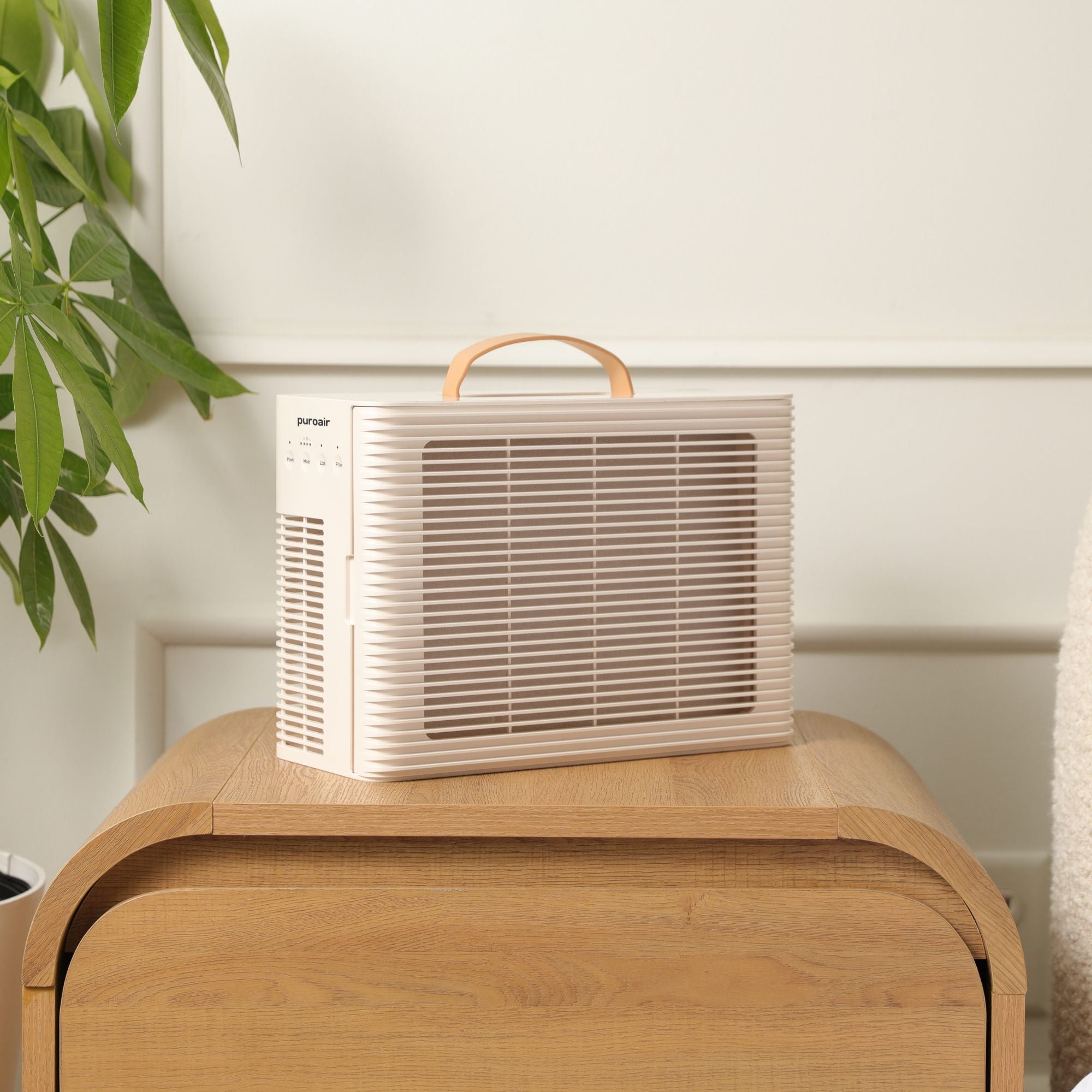 PuroAir PA101 Air Purifier on wooden surface with plant